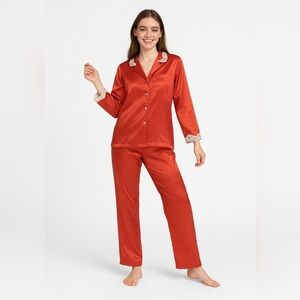 Oscar De La Renta Pink Label Silky Satin Coral Pink Lace 2 Piece Matching Set Pj